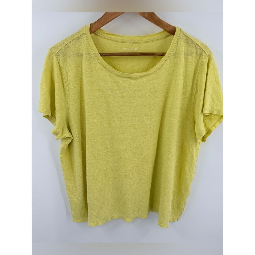 Eileen Fisher 100% organic linen light yellow crewneck short sleeve top women XL
